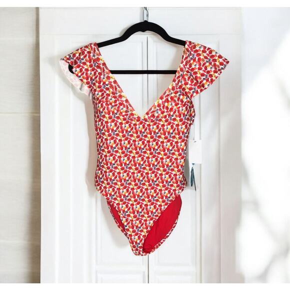 WET Bexy Red Poppy Floral Print Ruffled One Piece Beach Swimsuit Size Small NWT - Picture 2 of 6